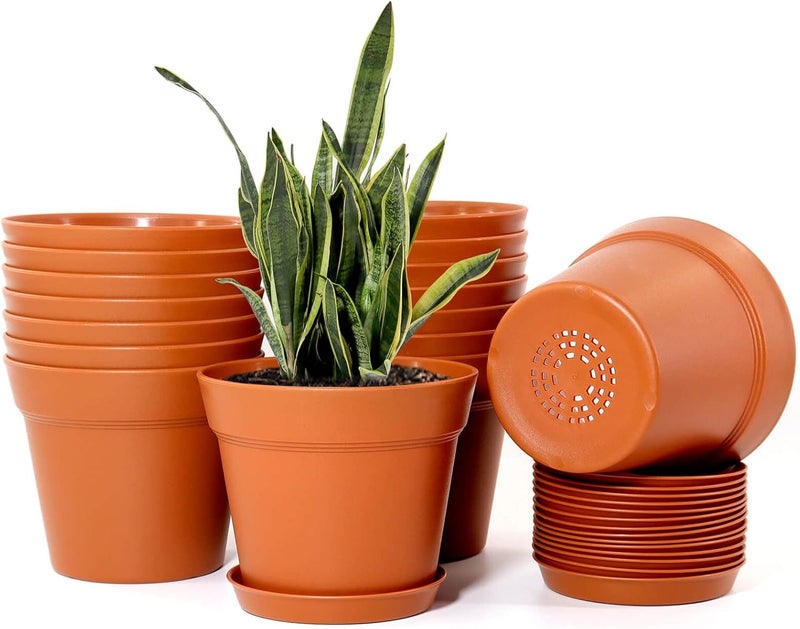 WOUSIWER 16 Pack 6 inch Plastic Planters, Plastic Indoor Planter Flower Pots, Heavy Duty and Stylish 6 Inch Plant Pots for Indoor Plants with Drainage Holes and Tray for Plants, Flowers, Terracotta - Image 1